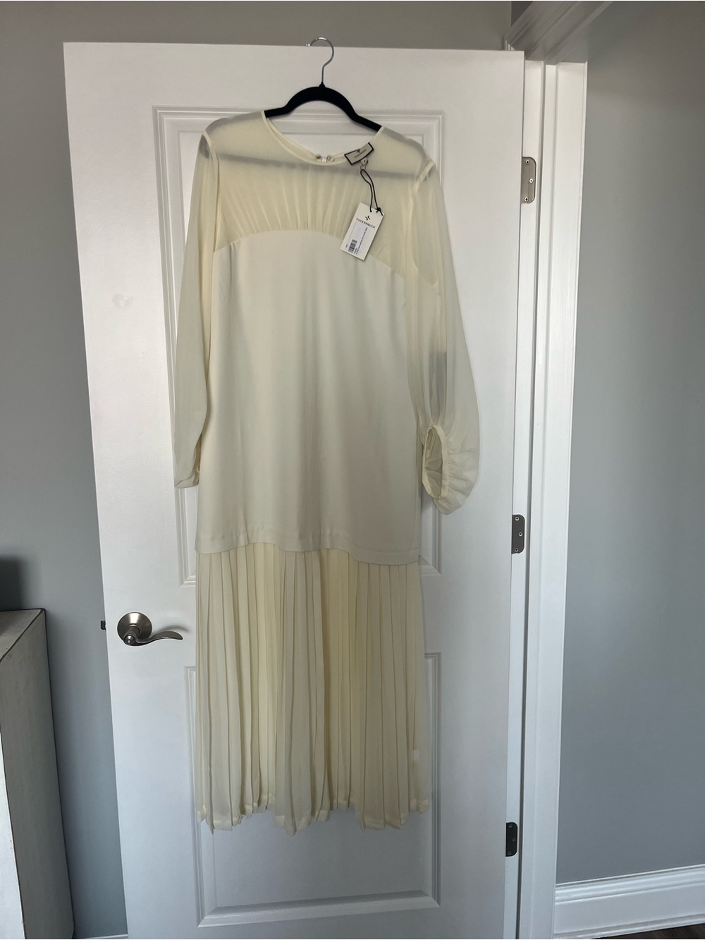 Tuckernuck Cream Sheer-Sleeve Midi Dress with Pleated Skirt